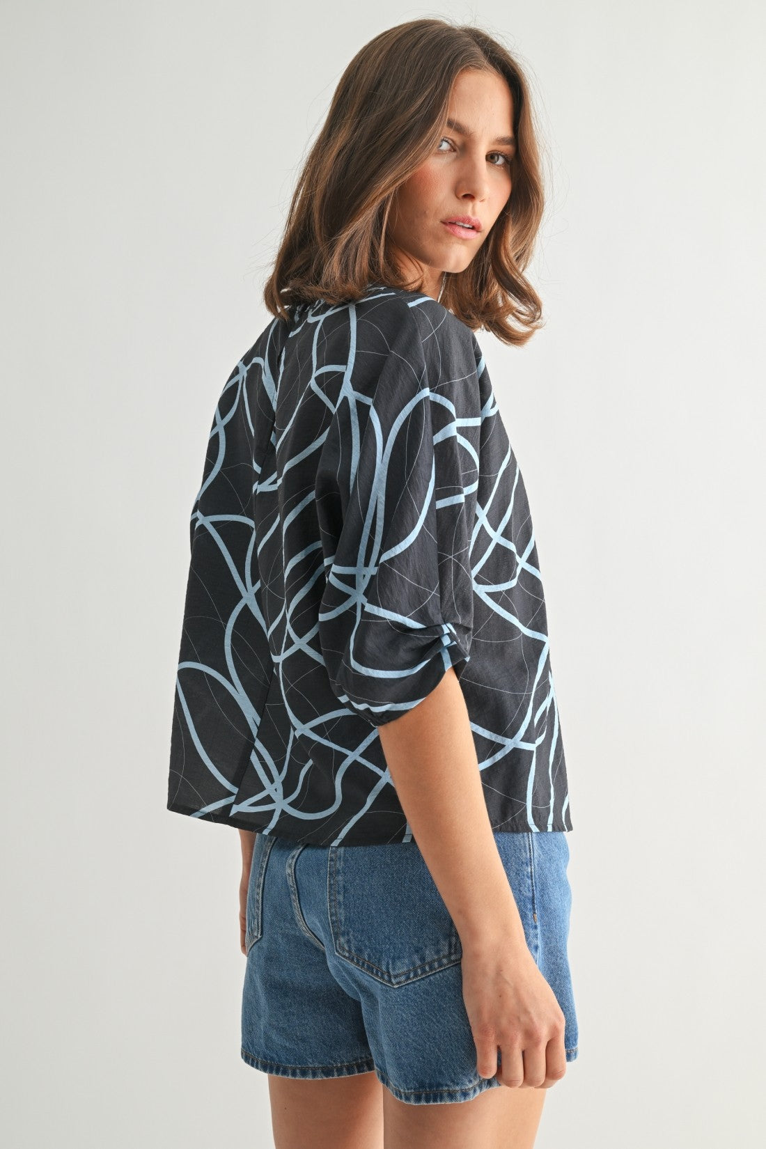 FUN2FUN GEO PRINT BLOUSE WITH TWIST DETAIL SLEEVE