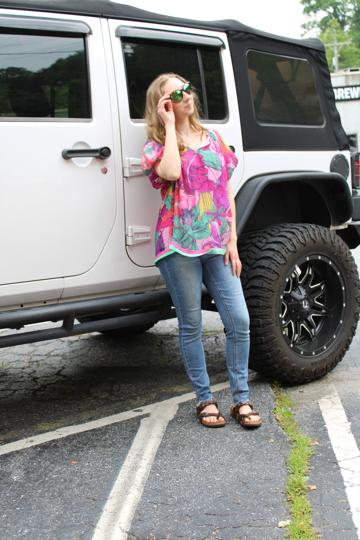 UMGEE TROPICAL PLEAT RUFFLE SLEEVE TOP