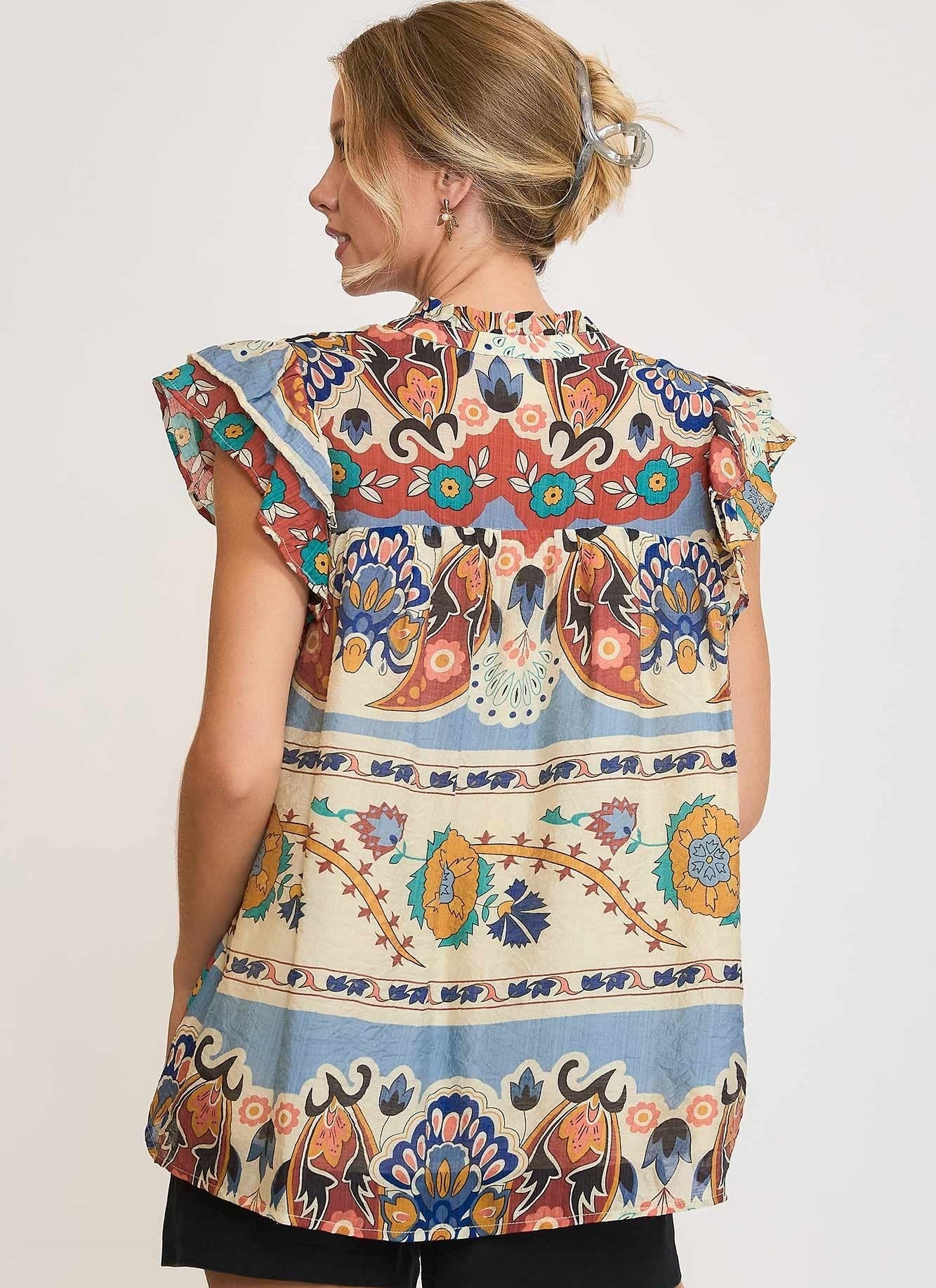 BORDER PRINT RUFFLE SLEEVE TOP