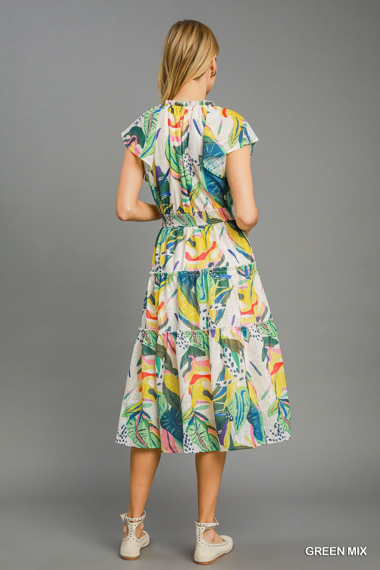TIERED ABSTRACT PRINT MIDI DRESS