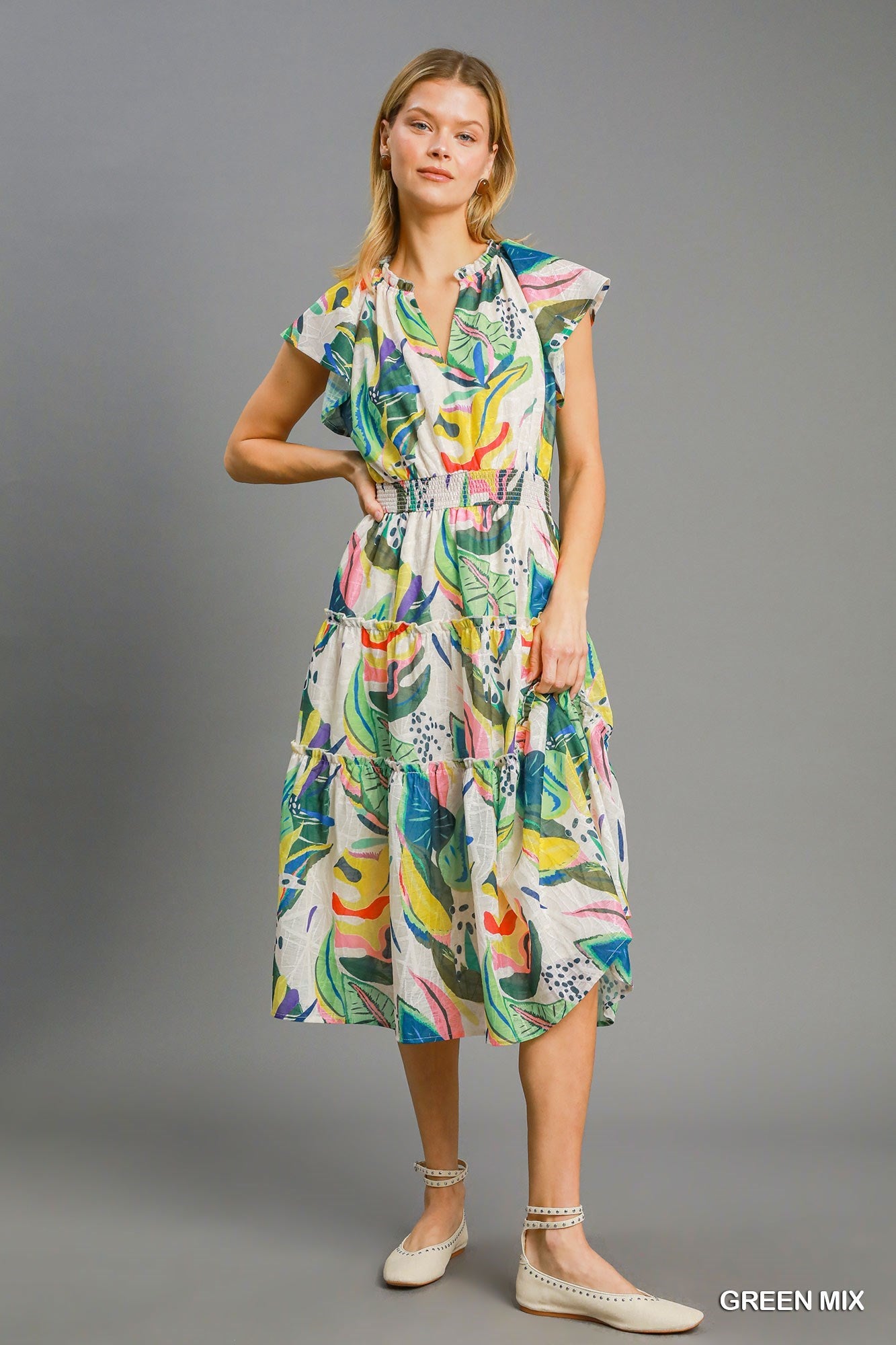 TIERED ABSTRACT PRINT MIDI DRESS