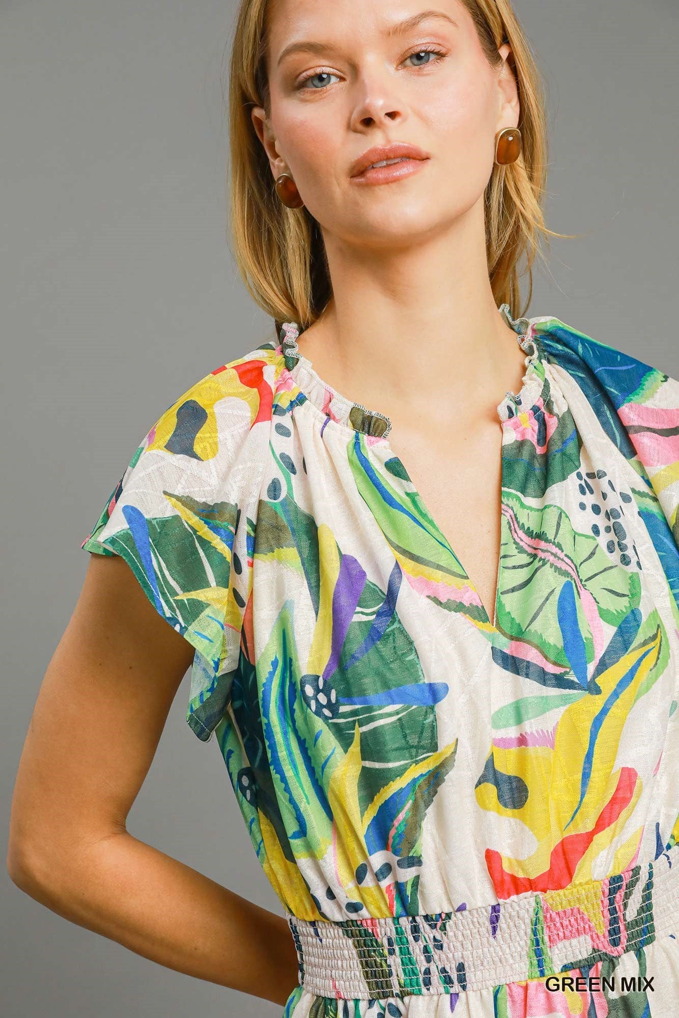 TIERED ABSTRACT PRINT MIDI DRESS