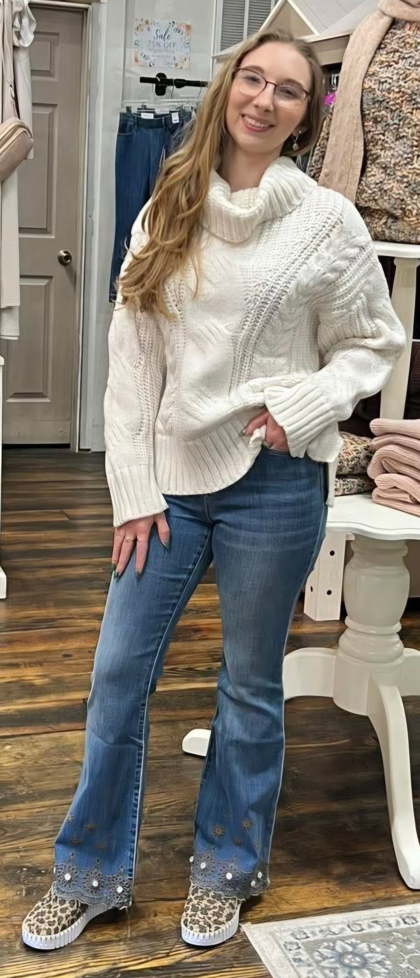 COWL NECK CABLE SWEATER