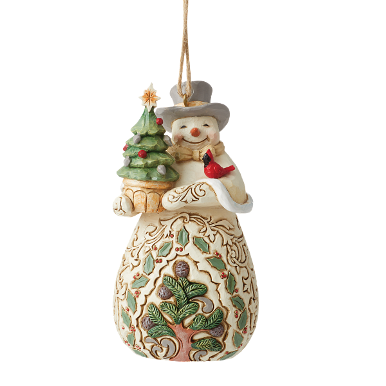 JIM SHORE WHITE WOODLAND SNOWMAN WITH EVERGREEN ORNAMENT