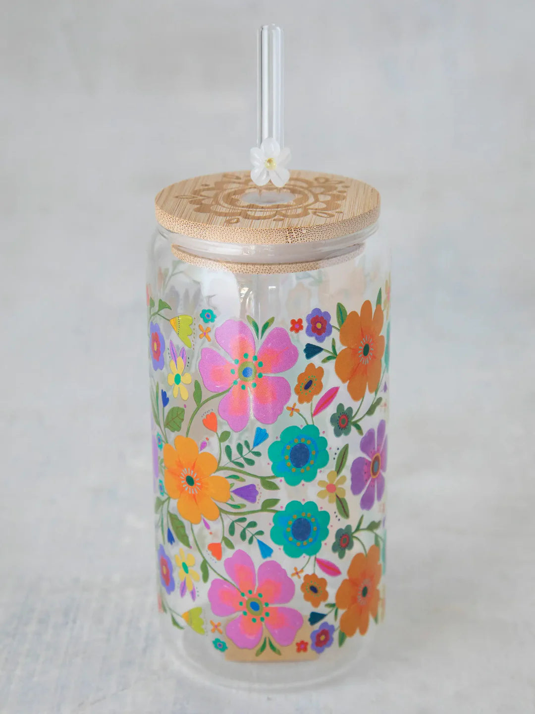 FLORAL GLASS TUMBLER WITH LID AND STRAW