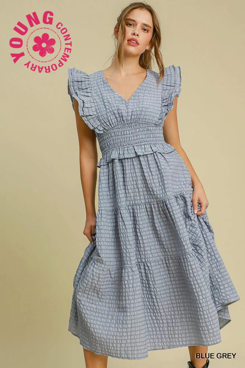 V-NECK RUFFLE MIDI DRESS