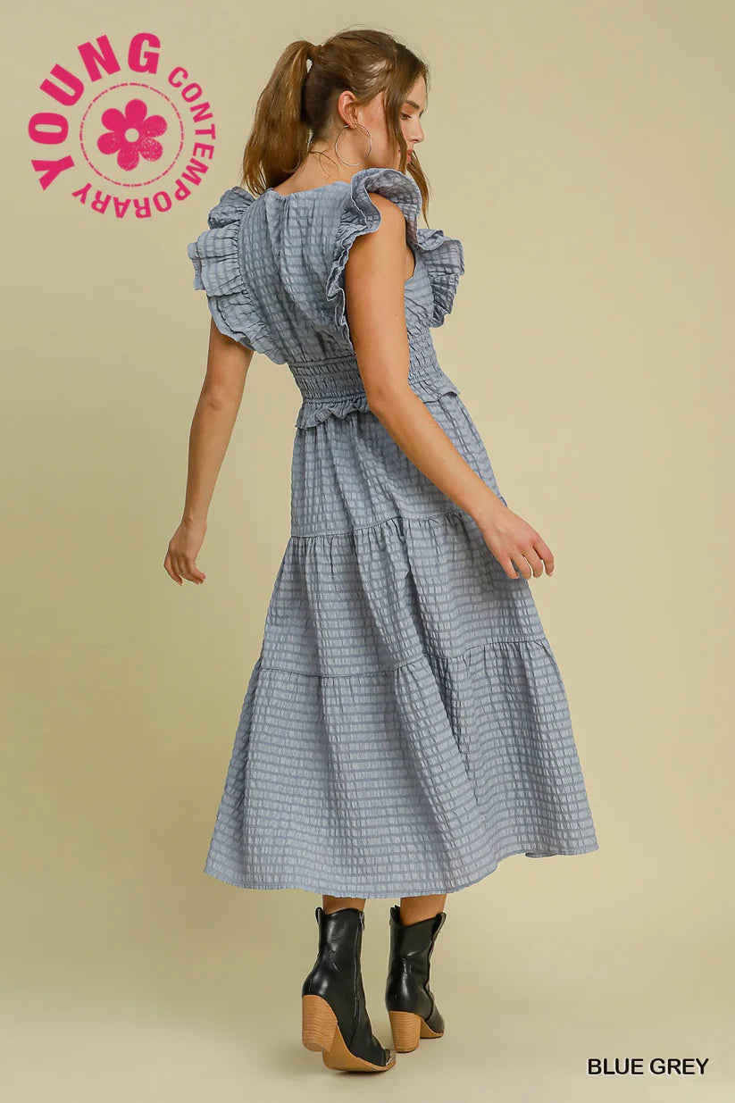 V-NECK RUFFLE MIDI DRESS