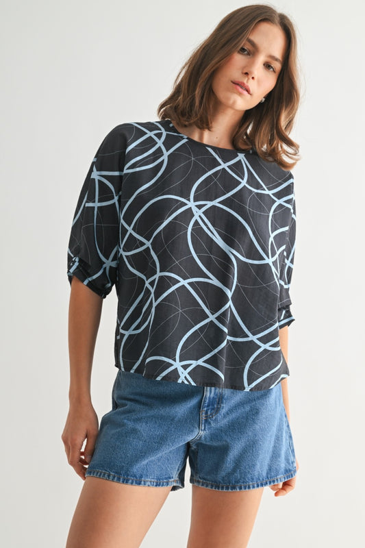 FUN2FUN GEO PRINT BLOUSE WITH TWIST DETAIL SLEEVE