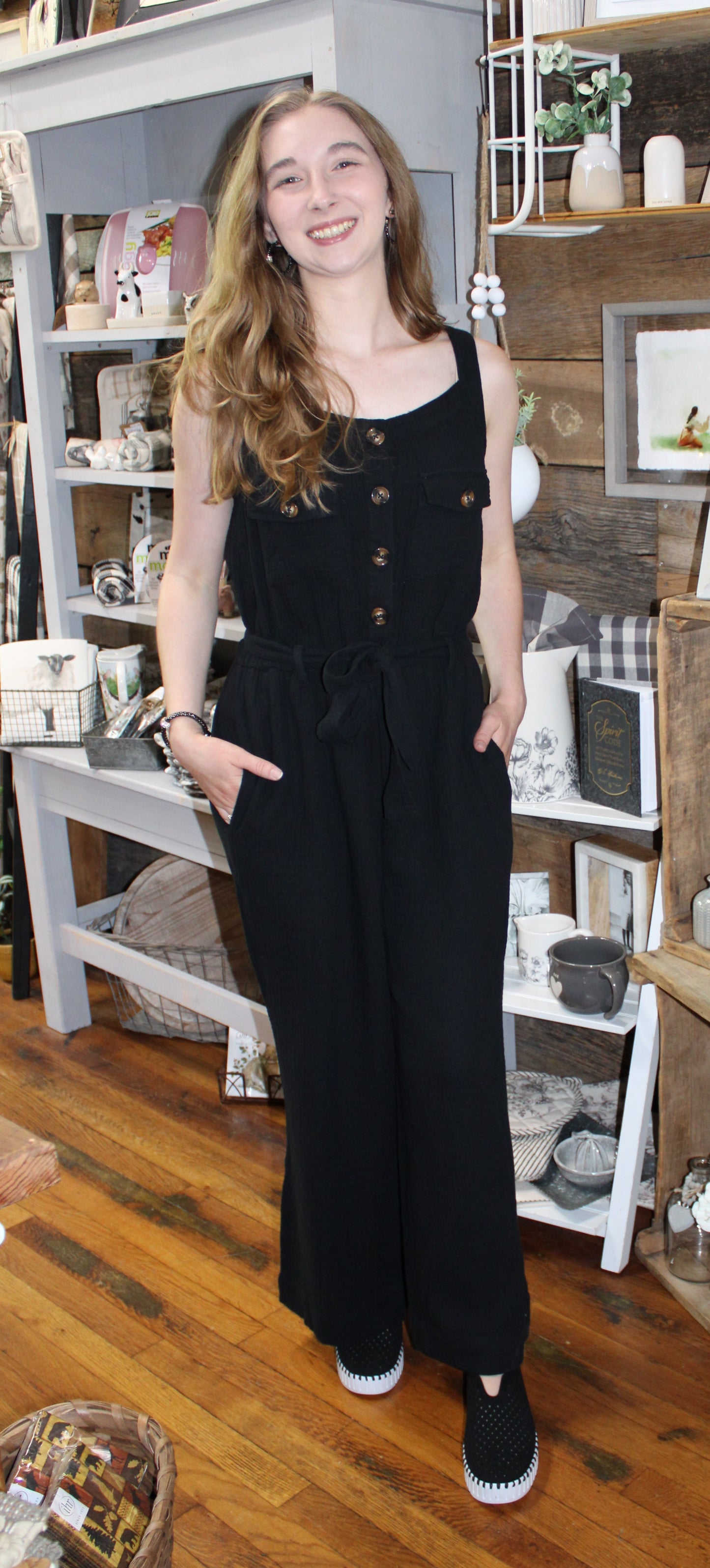 TRIBAL BUTTON FRONT JUMPSUIT WITH SASH