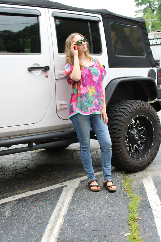 UMGEE TROPICAL PLEAT RUFFLE SLEEVE TOP