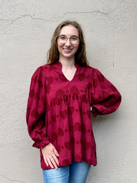3/4 SLEEVE HEART PRINT BLOUSE