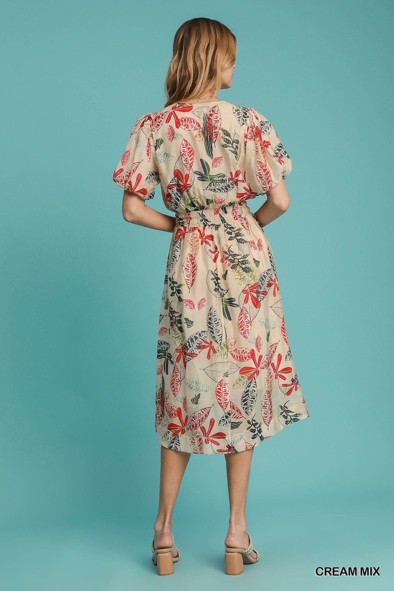 ABSTRACT PRINT V-NECK MIDI DRESS