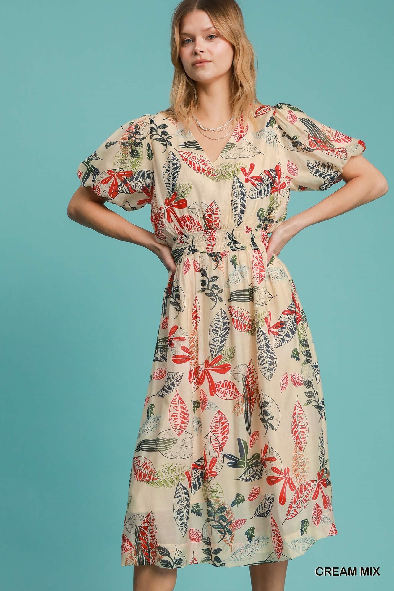 ABSTRACT PRINT V-NECK MIDI DRESS