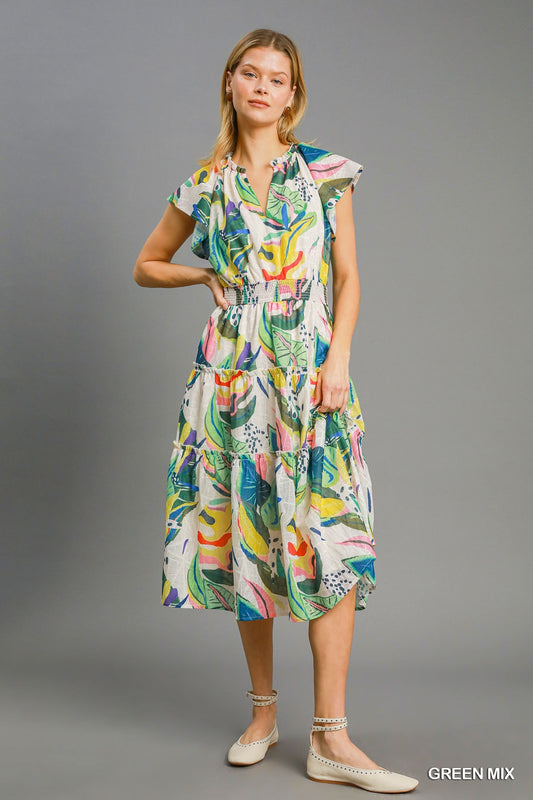 TIERED ABSTRACT PRINT MIDI DRESS