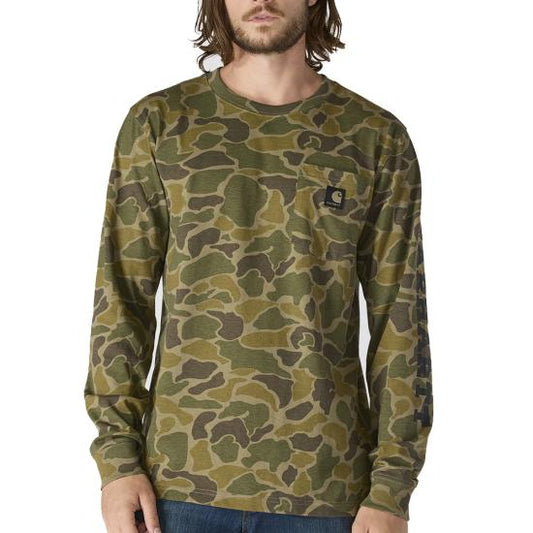 CARHARTT RELAXED FIT HEAVYWEIGHT LONG SLEEVE POCKET CAMO LOGO GRAPHIC T SHIRT