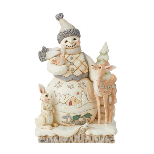 JIM SHORE WHITE WOODLAND SNOWMAN WITH DEER AND BUNNY
