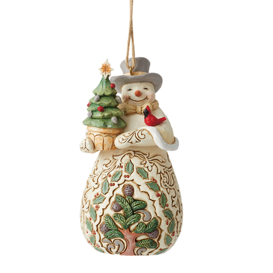 JIM SHORE WHITE WOODLAND SNOWMAN WITH EVERGREEN ORNAMENT