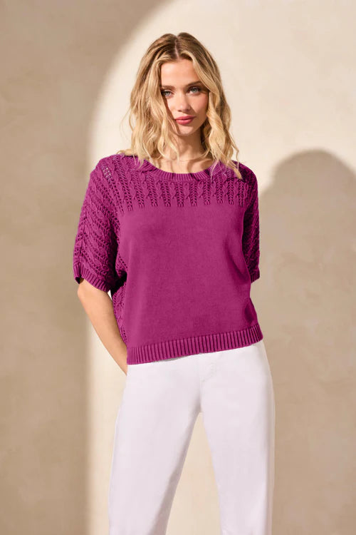 TRIBAL SHORT SLEEVE FANCY STITCH SWEATER