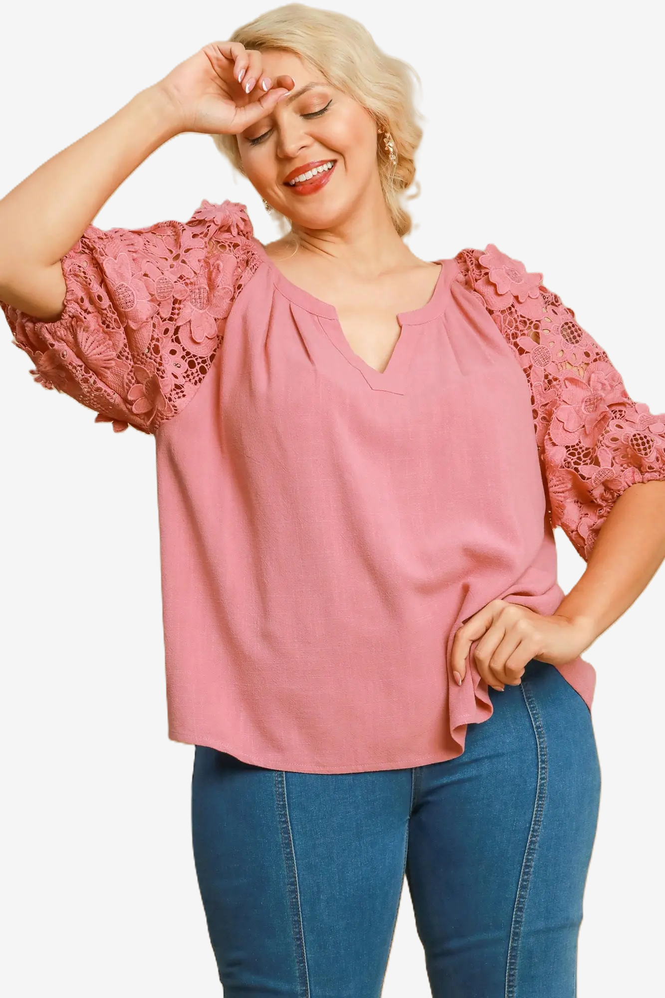 SPLIT NECK FLORAL LACE PUFF SLEEVE TOP